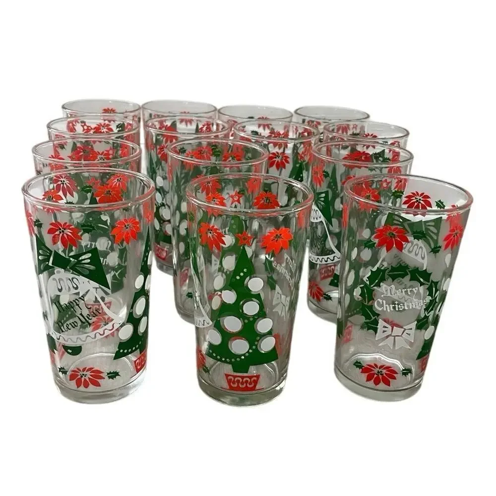 VINTAGE HAZEL ATLAS GLASSES SET OF 14 HOLIDAYS CHRISTMAS WREATH HOLLY BERRY RARE